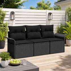 Garden Sofa Set 3 Pcs Black Poly Rattan Outdoor Furniture with Cushions
