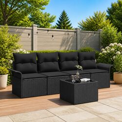 Outdoor Garden Sofa Set 5 Pcs Modular Seating Glass Table Black Rattan Furniture