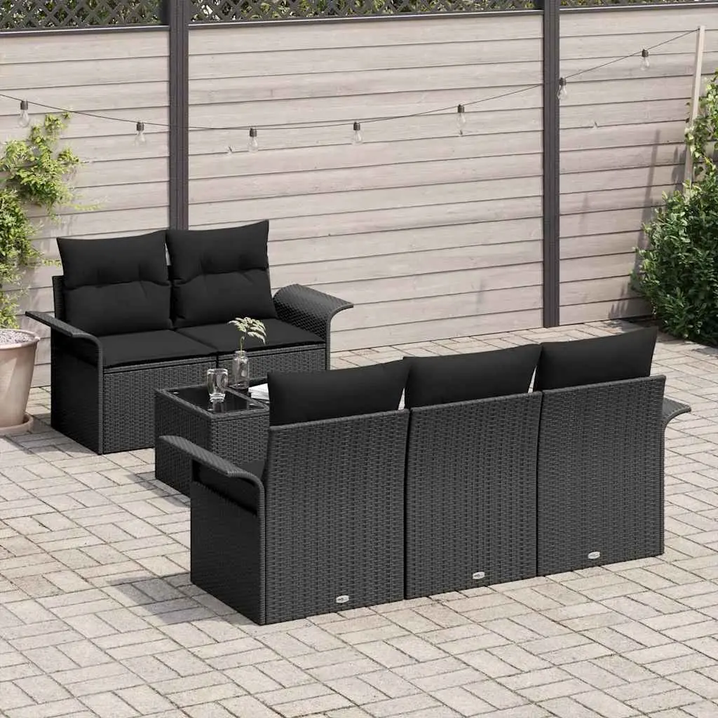 Outdoor Garden Sofa Set 6 Pieces Black Poly Rattan Steel Frame Glass Table