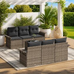Outdoor Garden Sofa Set 7 pcs Modular Seating Grey Poly Rattan with Glass Table