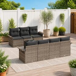 Modular Garden Sofa Set 8 Pcs Grey Poly Rattan Outdoor Furniture with Glass
