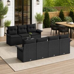 Modular Garden Sofa Set 8 Pieces Black Poly Rattan Outdoor Seating with Glass