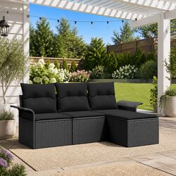 Garden Sofa Set 4 Piece Modular Outdoor Furniture Black Poly Rattan Steel Frame