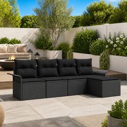 Modular Garden Sofa Set 5 Pieces Black Poly Rattan Outdoor Patio Furniture with