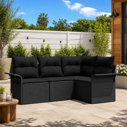 Garden Sofa Set 4 Pcs Outdoor Modular Furniture with Storage Black Poly Rattan