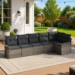 Garden Sofa Set 6 pcs Modular Outdoor Furniture Grey Poly Rattan with Cushions