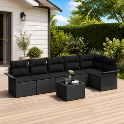 Outdoor Garden Sofa Set 7 Piece Modular Patio Furniture Black Poly Rattan
