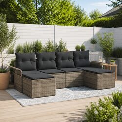 Modular Outdoor Garden Sofa Set 6 Pieces Grey Poly Rattan Furniture with Storage