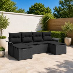 Modular Garden Sofa Set 6 Pieces Black Outdoor Furniture with Storage Cushions