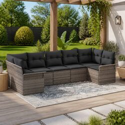 Garden Sofa Set 7 Pieces Outdoor Furniture Grey Poly Rattan Modular Seating