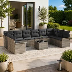 Modular Garden Sofa Set 11 Pieces Outdoor Patio Furniture Grey Poly Rattan