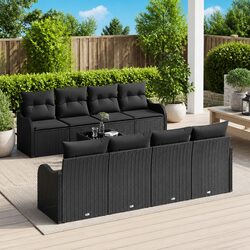 Outdoor Garden Sofa Set 9 pcs Modular Black Rattan Steel Glass Patio Furniture