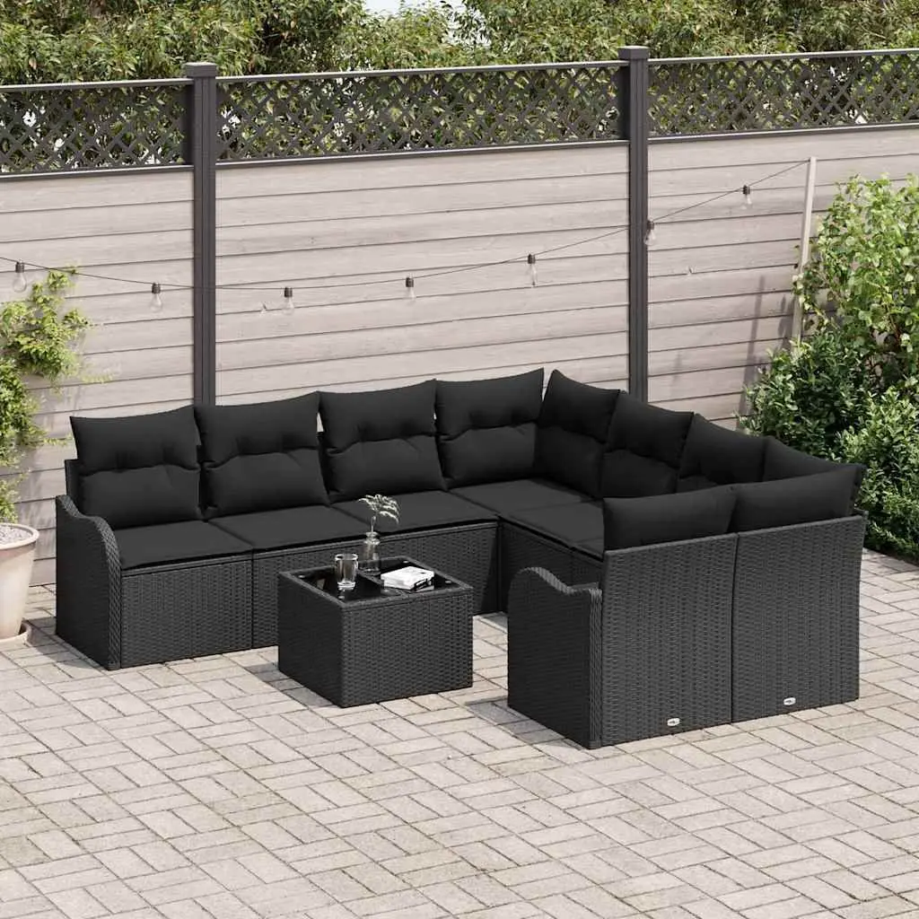 Modular Garden Sofa Set 9 Pieces Black Poly Rattan Steel Glass Outdoor Patio