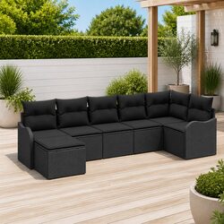 Modular Garden Sofa Set 7 Pieces Black Poly Rattan Outdoor Furniture with