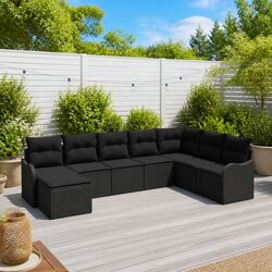 Garden Sofa Set Modular Outdoor Furniture 8 Pieces Black Poly Rattan Patio