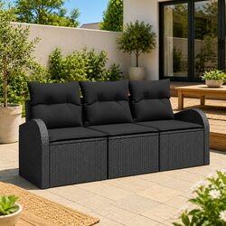Garden Sofa Set 3 pcs Outdoor Furniture Modular Black Poly Rattan Lounge Seating