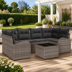 Modular Garden Sofa Set 7 Pieces Grey Poly Rattan Outdoor Seating with Storage