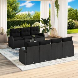 Outdoor Garden Sofa Set 8 Pieces Modular Black Poly Rattan Seating with Glass