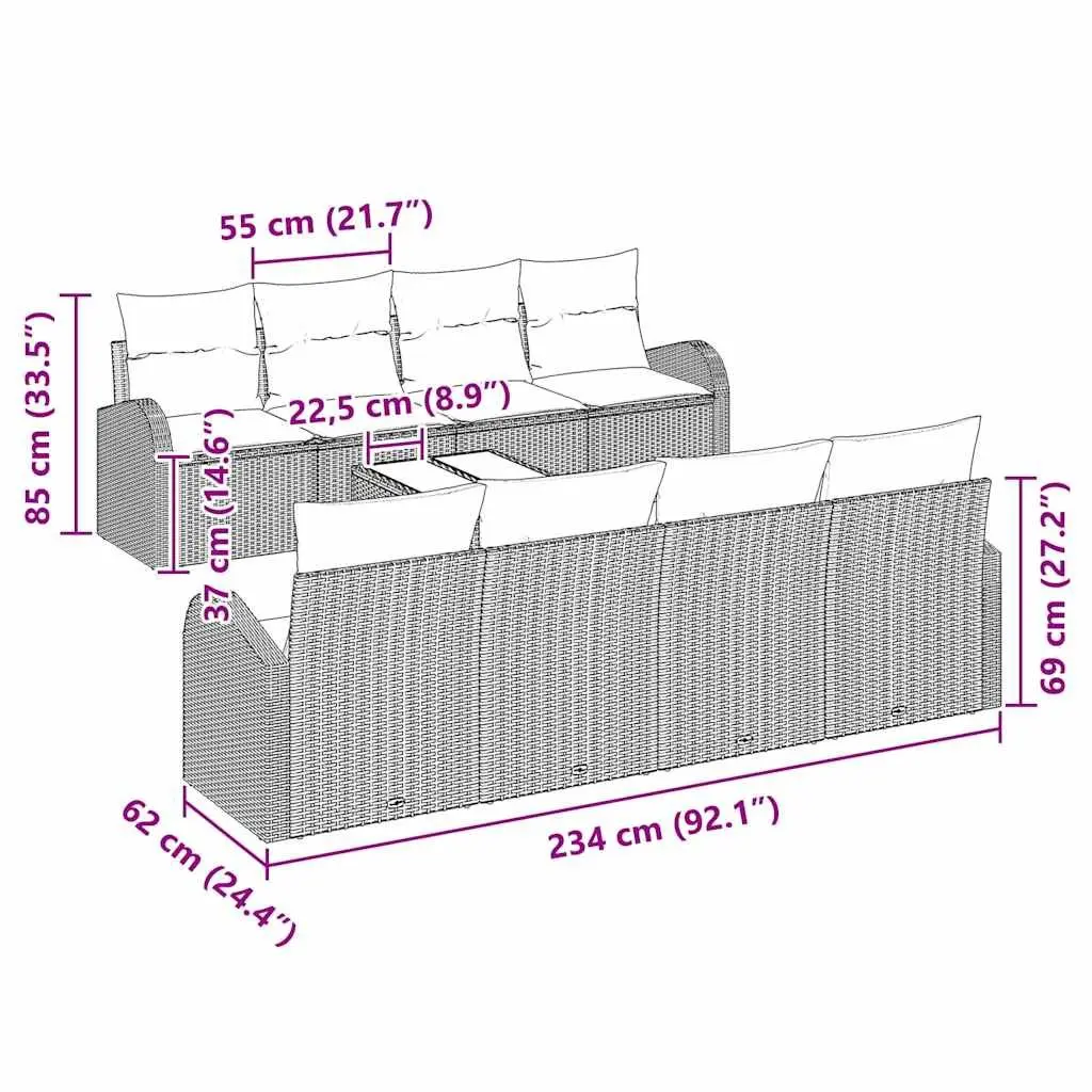Garden Sofa Set Modular Grey Poly Rattan 9 Pieces Outdoor Seating with Storage