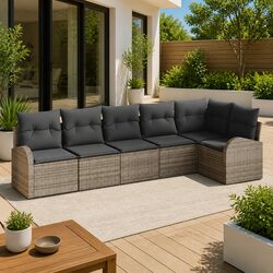 Garden Sofa Set 6 Pieces Grey Poly Rattan Outdoor Furniture with Cushions