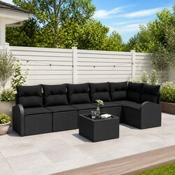 Garden Sofa Set 7 Piece Outdoor Furniture Black Poly Rattan Patio Lounge Seating