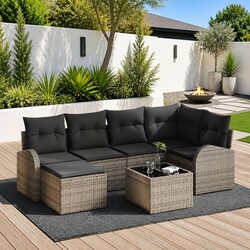 Modular Outdoor Garden Sofa Set 7-Piece Grey Poly Rattan with Storage Cushions