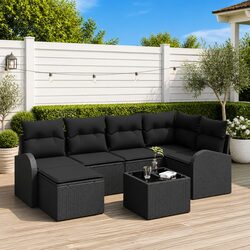 Outdoor Garden Sofa Set 7 Pieces Modular Black Poly Rattan with Storage Cushions