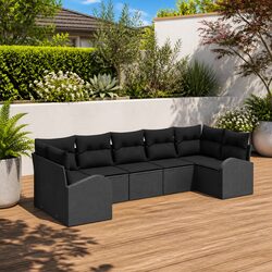 Garden Sofa Set 7 Pcs Black Outdoor Furniture Poly Rattan with Cushions
