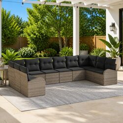 Outdoor Garden Sofa Set 10 Pieces Grey Poly Rattan Patio Seating Modular