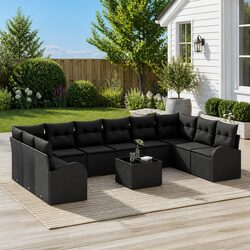 Outdoor Garden Sofa Set 11 Piece Black Poly Rattan Patio Seating Modular