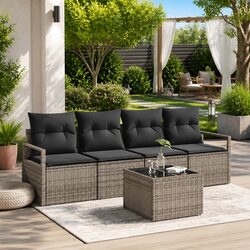 Outdoor Sofa Set 5 Pieces Grey Poly Rattan Garden Furniture Storage Benches