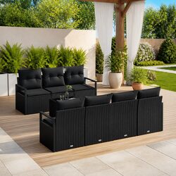 Outdoor Garden Sofa Set 8 Piece Modular Black Poly Rattan Lounge with Cushions