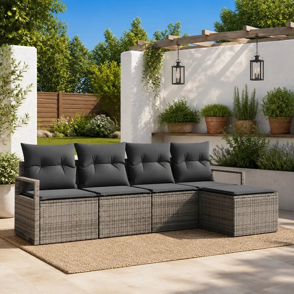 Outdoor Sofa Set Modular Layout 5 Piece Grey Poly Rattan Garden Seating