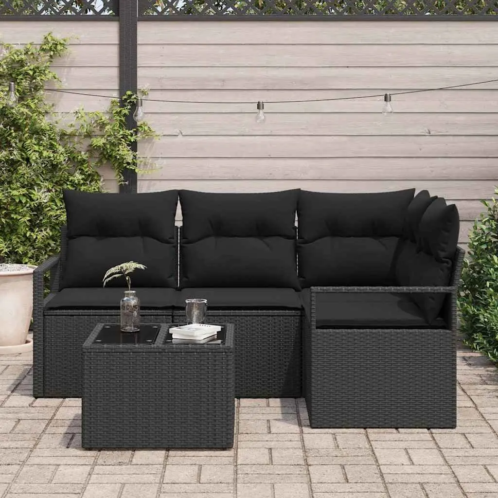 Outdoor Sofa Set Modular Black Poly Rattan 5 Pieces with Storage Cushions