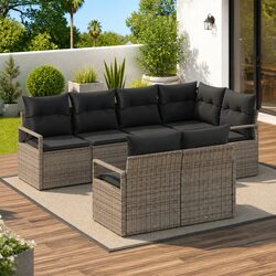 Outdoor Garden Sofa Set 7 Pieces Grey Poly Rattan Patio Seating Lounge Furniture
