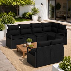 Outdoor Sofa Set 7-Piece Garden Poly Rattan Seating Lounge Black With Cushions