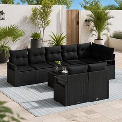 Outdoor Garden Sofa Set 9 pcs Black Poly Rattan Modular Lounge Seating Furniture