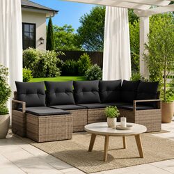 Outdoor Sofa Set 6 Piece Grey Poly Rattan Modular Garden Furniture Storage