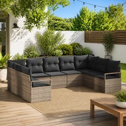 Outdoor Garden Sofa Set 9 Pcs Grey Poly Rattan Patio Furniture with Cushion