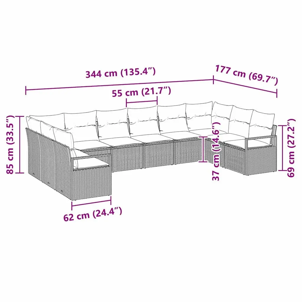 Garden Sofa Set 10 Piece Outdoor Sectional Seating Grey Poly Rattan Modular