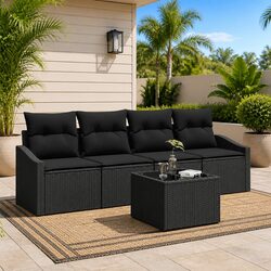 Outdoor Sofa Set 5 Pieces Black Poly Rattan Garden Furniture with Storage Bag