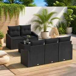 Outdoor Sofa Set 6 Piece Black Poly Rattan Garden Furniture with Storage Cushion