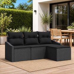 4-Piece Outdoor Sofa Set with Storage Poly Rattan Garden Seating Black Cushions