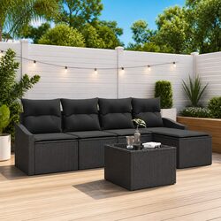 Outdoor Sofa Set 6 Pcs Black Poly Rattan Garden Furniture Modular Lounge with