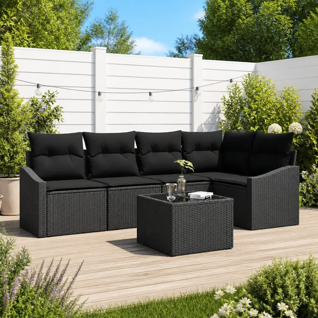 Outdoor Garden Sofa Set 6 Pieces Black Poly Rattan Seating with Cushions