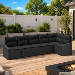 Outdoor Garden Sofa Set 6 Pieces Black Poly Rattan Patio Furniture with Storage