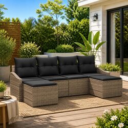 Garden Dining Set 6 Seater Outdoor Furniture Poly Rattan with Storage Cushion