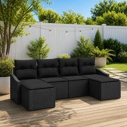 Garden Dining Set 6 Seater Outdoor Furniture with Storage Benches Cushions Black