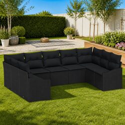 9 Piece Modular Garden Sofa Set with Storage Black Poly Rattan Outdoor Furniture