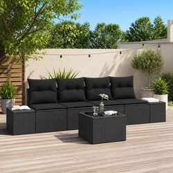 Outdoor Garden Sofa Set 5 Pieces Black Poly Rattan Patio Furniture with Cushions